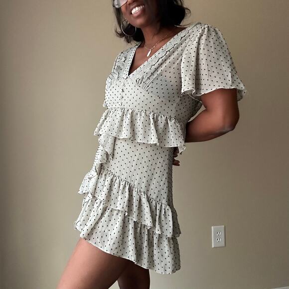 INA Dusky Blue Polka Dot Ruffle Dress Size Small - Picture 2 of 11